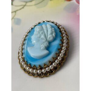 Vintage 1960s West German Blue Slag Glass Cameo Brooch